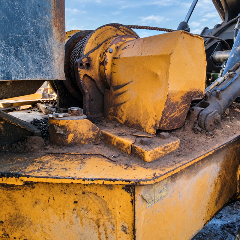 Before: yellow heavy equipment winch caked in mud and grease