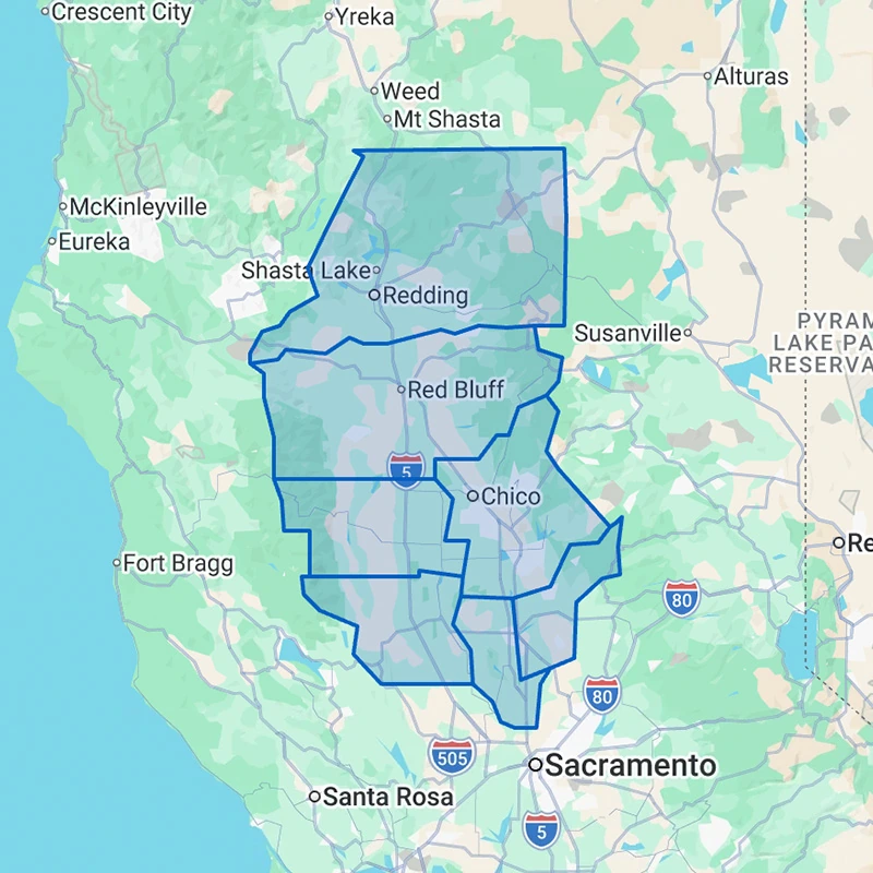 S&S Mobile Pressure Washing service area map showing Shasta, Tehama, Butte, Glenn, Colusa, Sutter and Yuba counties in Northern California