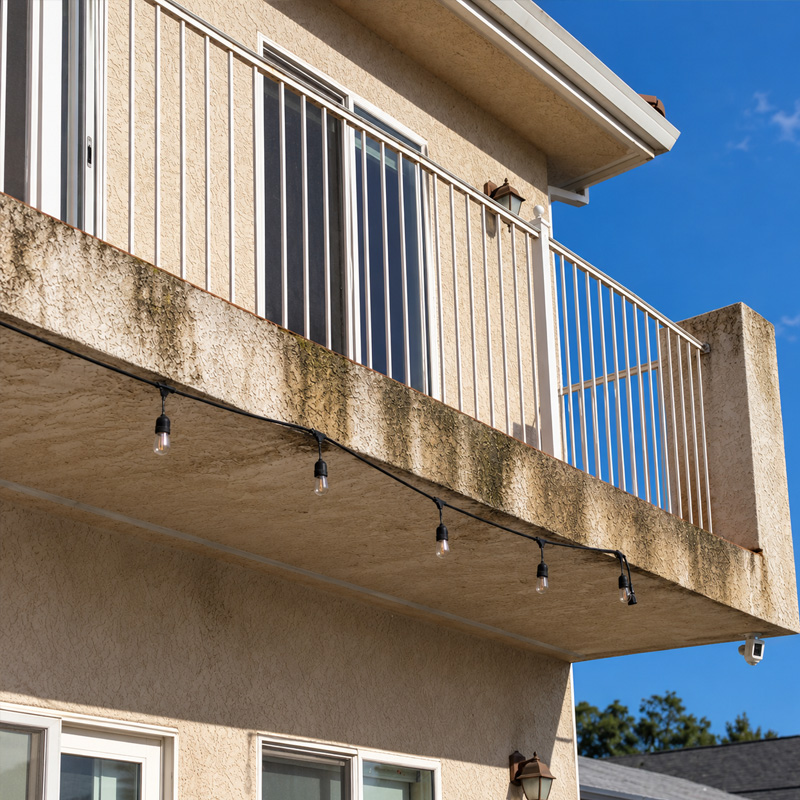 Before: stucco balcony streaked with green mildew and algae